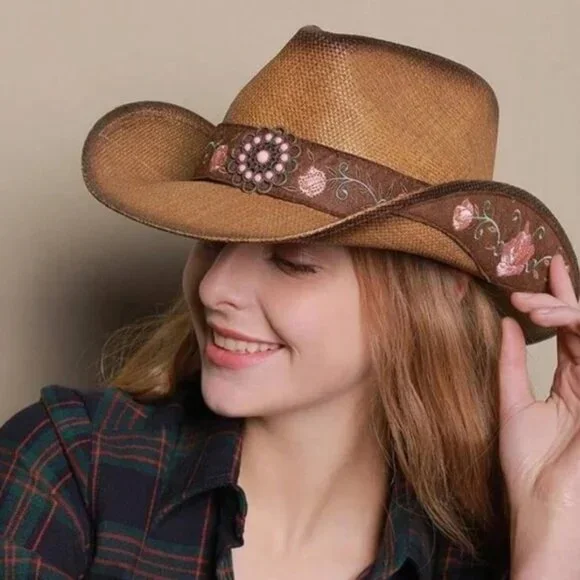 Western Straw Floral Embroidered Festival Cowboy hat - Picture 3 of 6
